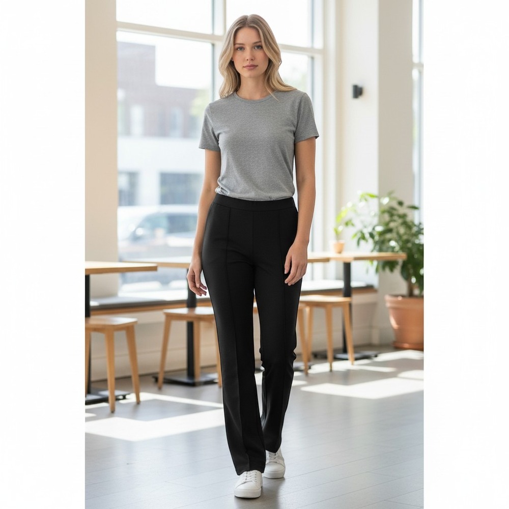 Eileen Fisher Black Front Pleat Pull On Flare Leg Knit Trousers Pants M